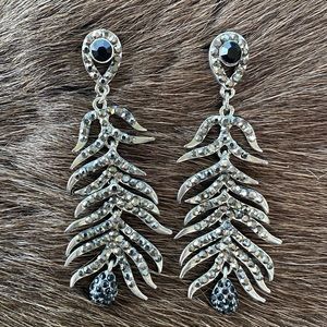 Metal Feather Earrings Black & Silver Rhinestones